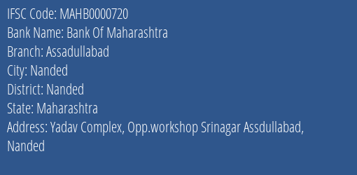 Bank Of Maharashtra Assadullabad Branch Nanded IFSC Code MAHB0000720