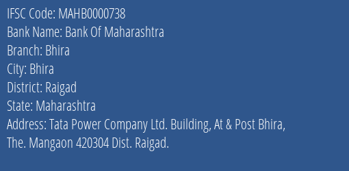 Bank Of Maharashtra Bhira Branch, Branch Code 000738 & IFSC Code MAHB0000738