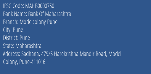 Bank Of Maharashtra Modelcolony Pune Branch Pune IFSC Code MAHB0000750