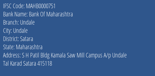 Bank Of Maharashtra Undale Branch Satara IFSC Code MAHB0000751