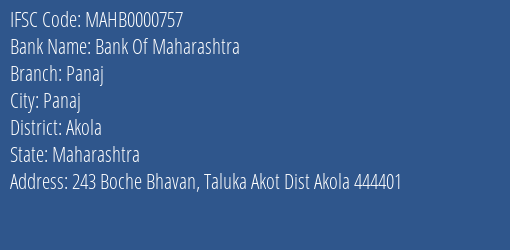 Bank Of Maharashtra Panaj Branch, Branch Code 000757 & IFSC Code Mahb0000757