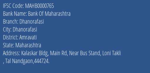 Bank Of Maharashtra Dhanorafasi Branch Amravati IFSC Code MAHB0000765