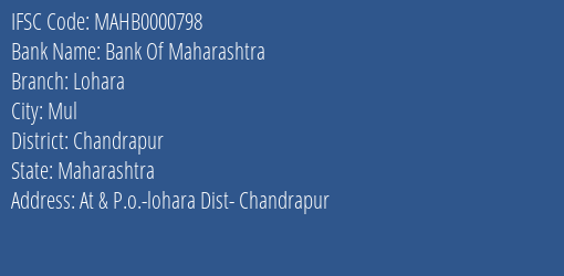 Bank Of Maharashtra Lohara Branch Chandrapur IFSC Code MAHB0000798