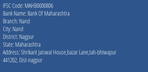Bank Of Maharashtra Nand Branch Nagpur IFSC Code MAHB0000806
