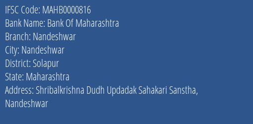 Bank Of Maharashtra Nandeshwar Branch Solapur IFSC Code MAHB0000816