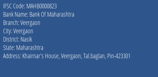 Bank Of Maharashtra Veergaon Branch, Branch Code 000823 & IFSC Code Mahb0000823