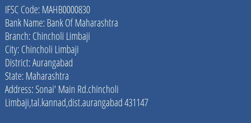 Bank Of Maharashtra Chincholi Limbaji Branch Aurangabad IFSC Code MAHB0000830