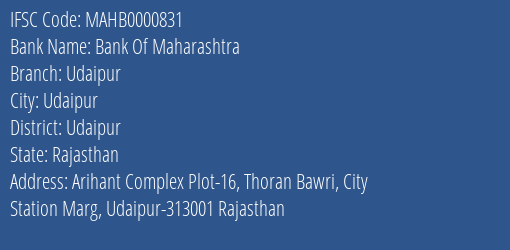 Bank Of Maharashtra Udaipur Branch, Branch Code 000831 & IFSC Code MAHB0000831
