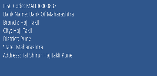 Bank Of Maharashtra Haji Takli Branch Pune IFSC Code MAHB0000837