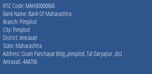 Bank Of Maharashtra Pimplod Branch Amravati IFSC Code MAHB0000868