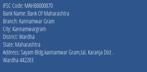Bank Of Maharashtra Kannamwar Gram Branch Wardha IFSC Code MAHB0000870
