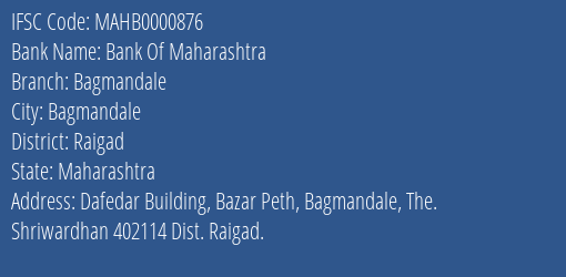 Bank Of Maharashtra Bagmandale Branch, Branch Code 000876 & IFSC Code MAHB0000876