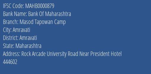 Bank Of Maharashtra Masod Tapowan Camp Branch Amravati IFSC Code MAHB0000879