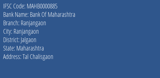 Bank Of Maharashtra Ranjangaon Branch Jalgaon IFSC Code MAHB0000885