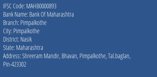 Bank Of Maharashtra Pimpalkothe Branch Nasik IFSC Code MAHB0000893