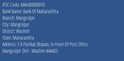 Bank Of Maharashtra Mangrulpir Branch Washim IFSC Code MAHB0000910