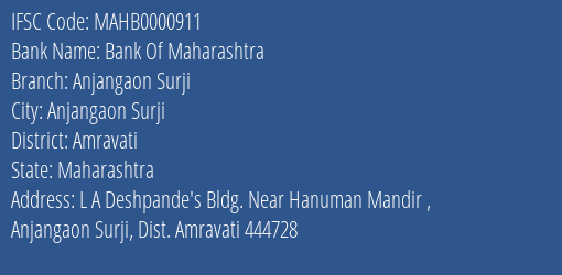 Bank Of Maharashtra Anjangaon Surji Branch Amravati IFSC Code MAHB0000911