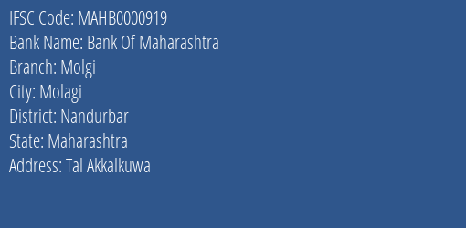 Bank Of Maharashtra Molgi Branch Nandurbar IFSC Code MAHB0000919