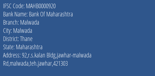 Bank Of Maharashtra Malwada Branch Thane IFSC Code MAHB0000920