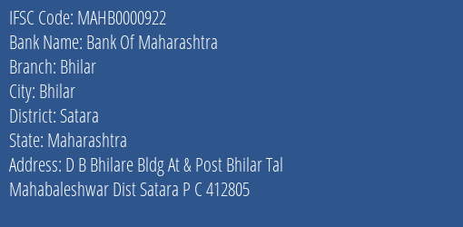 Bank Of Maharashtra Bhilar Branch Satara IFSC Code MAHB0000922