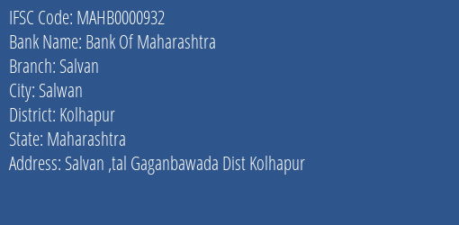 Bank Of Maharashtra Salvan Branch Kolhapur IFSC Code MAHB0000932
