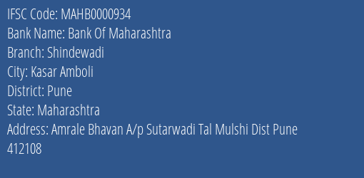 Bank Of Maharashtra Shindewadi Branch Pune IFSC Code MAHB0000934