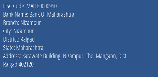 Bank Of Maharashtra Nizampur Branch Raigad IFSC Code MAHB0000950