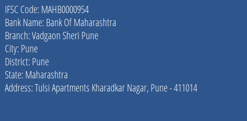 Bank Of Maharashtra Vadgaon Sheri Pune Branch Pune IFSC Code MAHB0000954