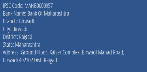 Bank Of Maharashtra Birwadi Branch Raigad IFSC Code MAHB0000957