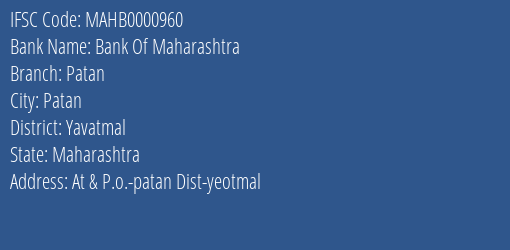 Bank Of Maharashtra Patan Branch, Branch Code 000960 & IFSC Code MAHB0000960