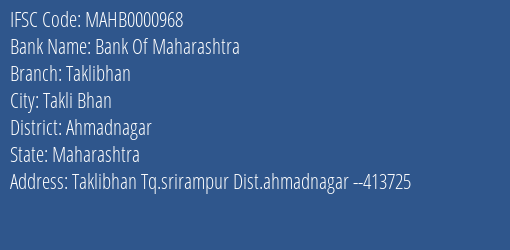 Bank Of Maharashtra Taklibhan Branch Ahmadnagar IFSC Code MAHB0000968