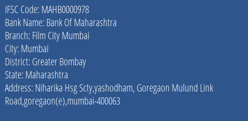 Bank Of Maharashtra Film City Mumbai Branch Greater Bombay IFSC Code MAHB0000978