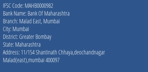 Bank Of Maharashtra Malad East Mumbai Branch Greater Bombay IFSC Code MAHB0000982