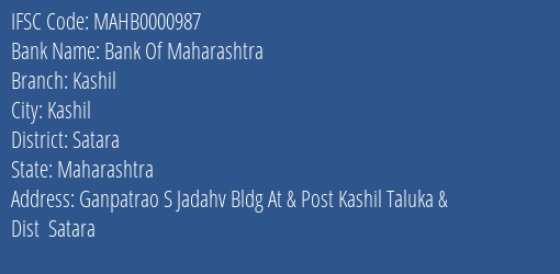 Bank Of Maharashtra Kashil Branch Satara IFSC Code MAHB0000987