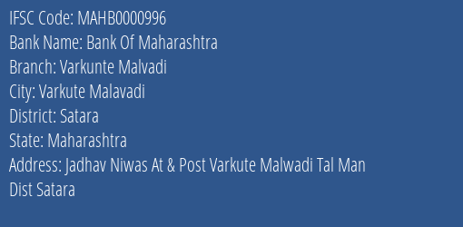 Bank Of Maharashtra Varkunte Malvadi Branch Satara IFSC Code MAHB0000996