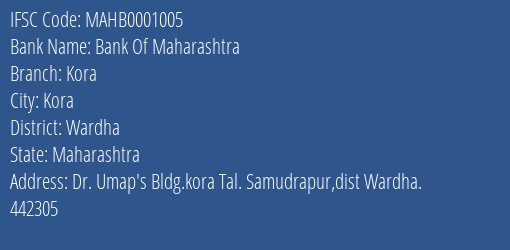Bank Of Maharashtra Kora Branch Wardha IFSC Code MAHB0001005