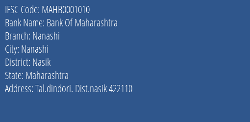 Bank Of Maharashtra Nanashi Branch Nasik IFSC Code MAHB0001010