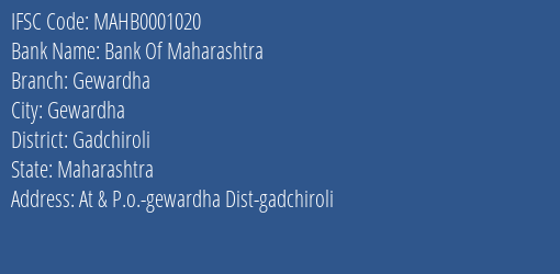 Bank Of Maharashtra Gewardha Branch Gadchiroli IFSC Code MAHB0001020