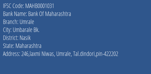 Bank Of Maharashtra Umrale Branch Nasik IFSC Code MAHB0001031