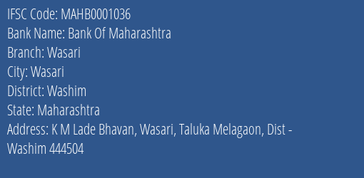 Bank Of Maharashtra Wasari Branch Washim IFSC Code MAHB0001036