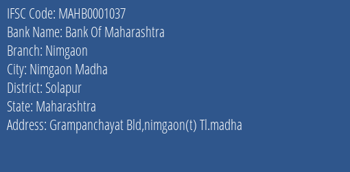 Bank Of Maharashtra Nimgaon Branch Solapur IFSC Code MAHB0001037
