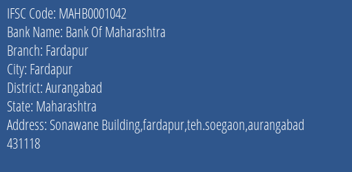 Bank Of Maharashtra Fardapur Branch Aurangabad IFSC Code MAHB0001042