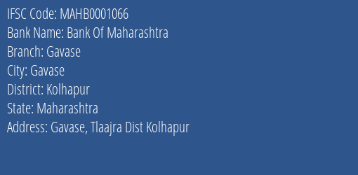 Bank Of Maharashtra Gavase Branch Kolhapur IFSC Code MAHB0001066