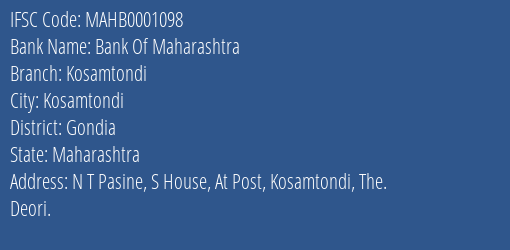 Bank Of Maharashtra Kosamtondi Branch, Branch Code 001098 & IFSC Code Mahb0001098
