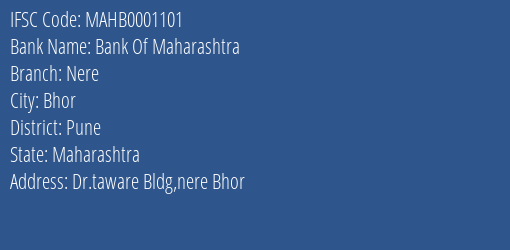 Bank Of Maharashtra Nere Branch Pune IFSC Code MAHB0001101