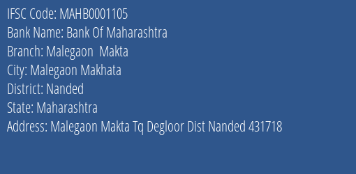 Bank Of Maharashtra Malegaon Makta Branch Nanded IFSC Code MAHB0001105