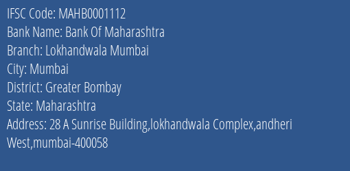 Bank Of Maharashtra Lokhandwala Mumbai Branch Greater Bombay IFSC Code MAHB0001112