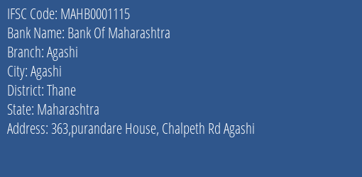 Bank Of Maharashtra Agashi Branch, Branch Code 001115 & IFSC Code Mahb0001115