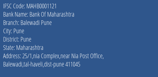 Bank Of Maharashtra Balewadi Pune Branch Pune IFSC Code MAHB0001121