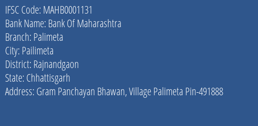 Bank Of Maharashtra Palimeta Branch Rajnandgaon IFSC Code MAHB0001131